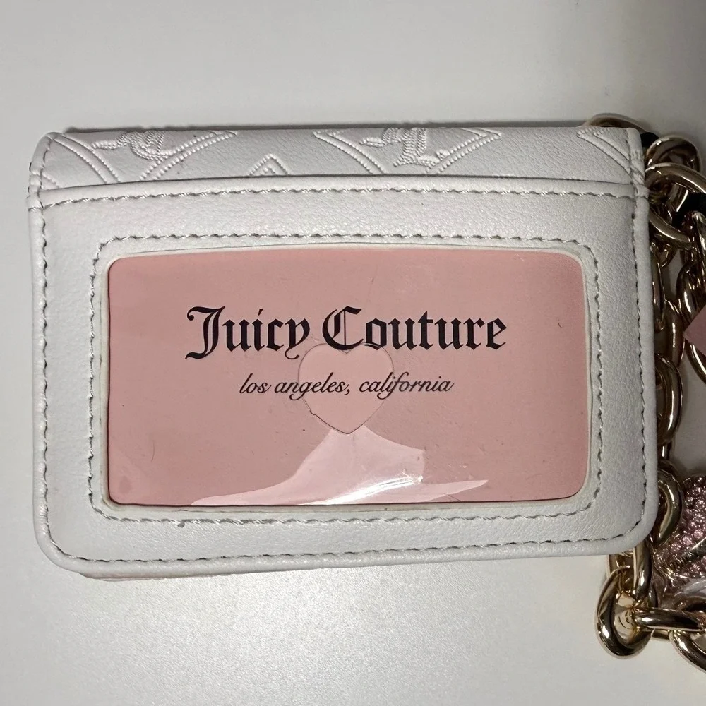 Juicy Couture White Heart Debossed Card Case Wallet Key Fob Gold Chain NWT Y2K